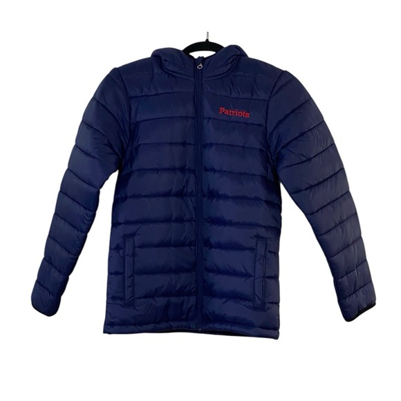 NFL Patriots Youth Boys Puffer Jacket Full Zip Coat w/ Pack Away Bag Size M - Picture 1 of 10